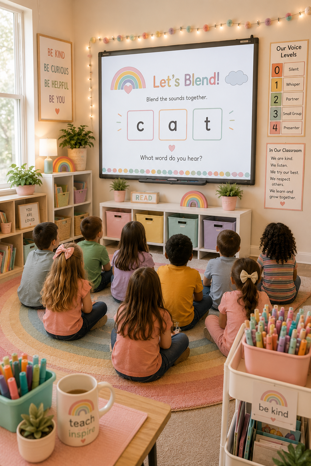 Elementary students participating in a phonics lesson using interactive word blending slides created by Shel.