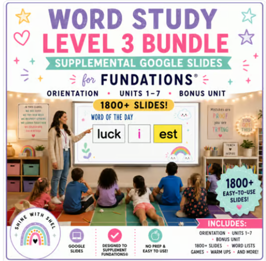 Classroom scene with children sitting on the floor, a teacher pointing at a whiteboard displaying a word study activity with the word "luck" and parts "i" and "est" for word formation, surrounded by educational and colorful decorations.