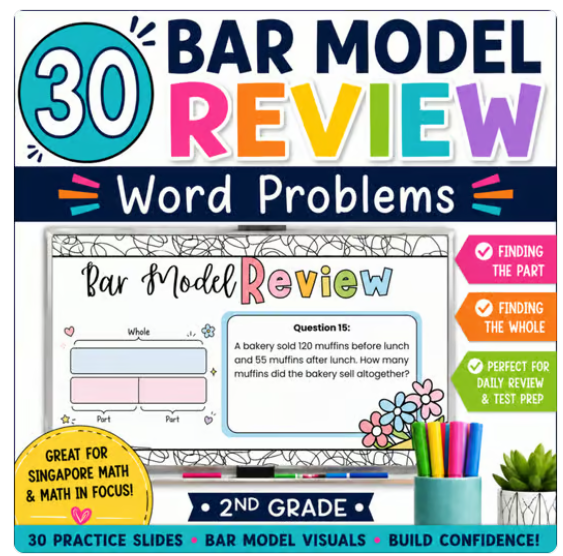 Cover of a teaching resource book titled '30 Bar Model Review Word Problems' for 2nd grade, featuring colorful text, a visual bar model, practice slides, and a whiteboard with a math problem about muffins sold by a bakery.