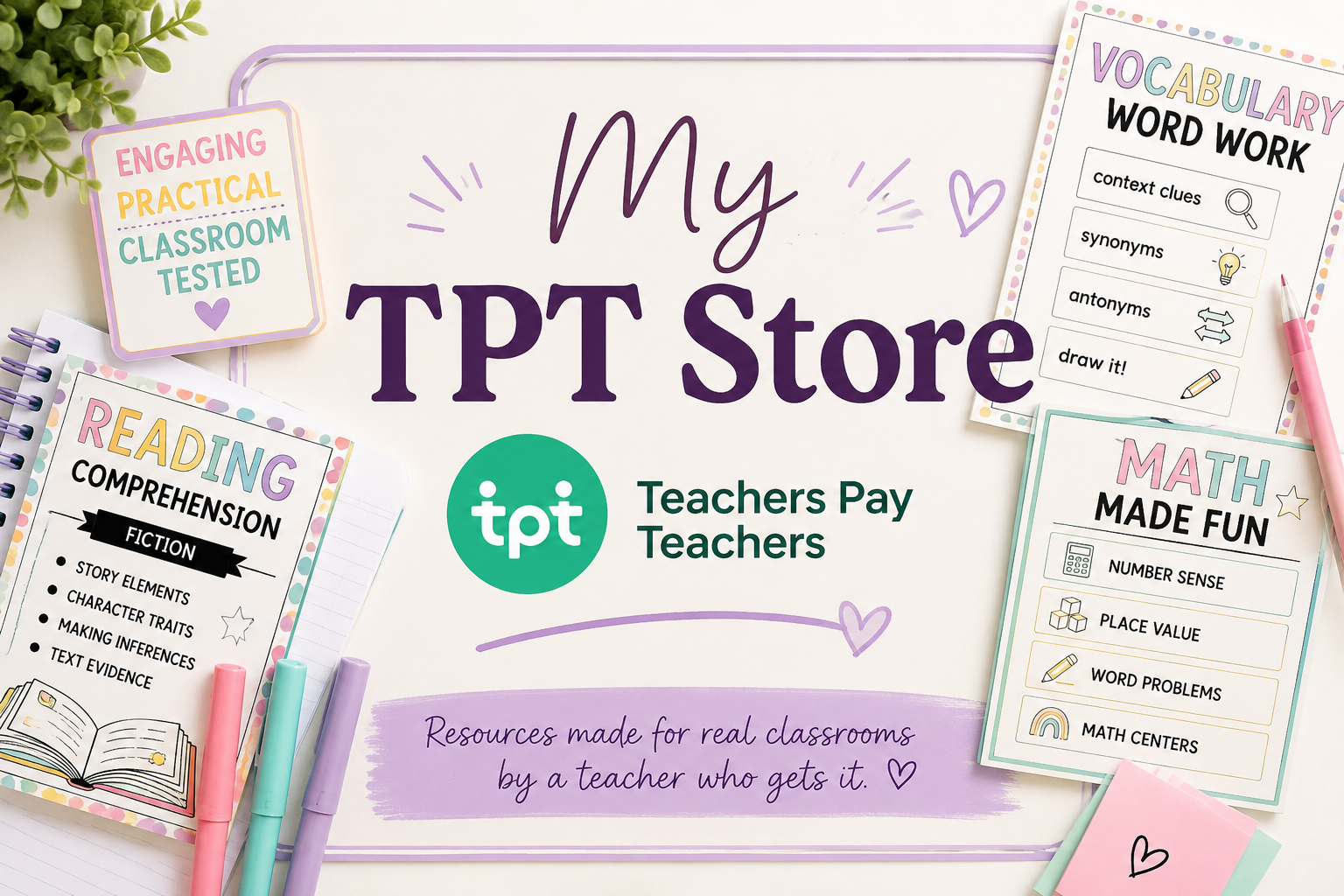 Educational supplies including posters and worksheets about reading, vocabulary, and math, arranged around a central sign that reads 'My TPT Store' with the Teachers Pay Teachers logo, on a white background.