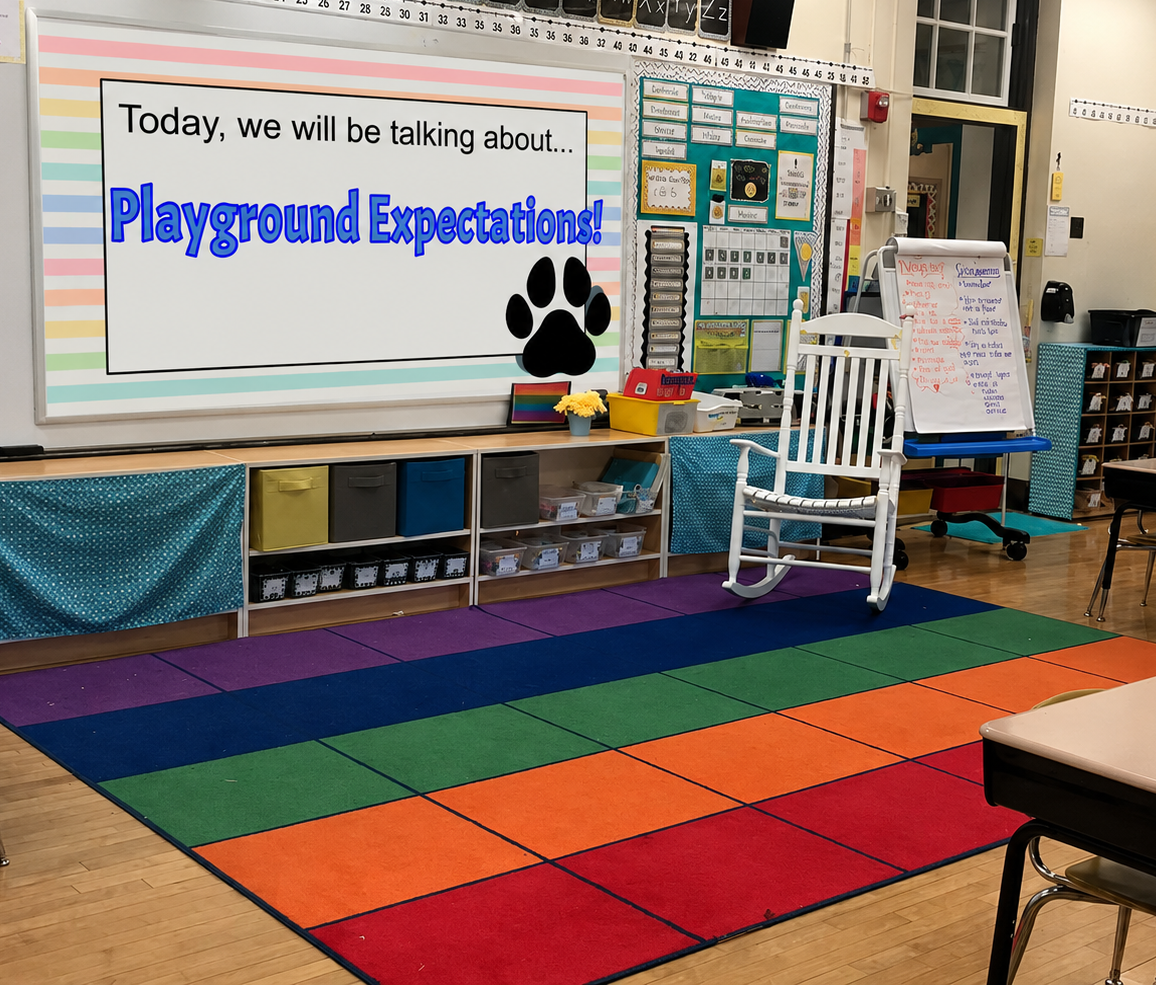 Colorful classroom with a large whiteboard displaying 'Today, we will be talking about... Playground Expectations!'. There is a rainbow rainbow-colored mat on the floor, a white rocking chair, and various educational materials and storage bins along the wall.