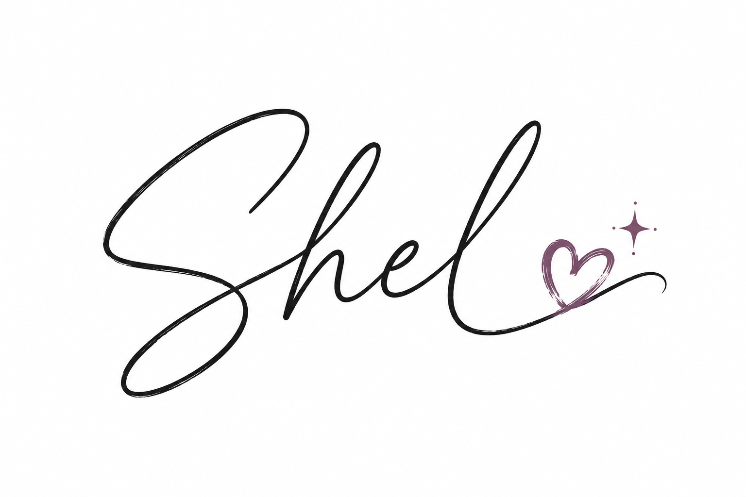 Handwritten style text that says 'Shell' with a small purple heart and star decoration.