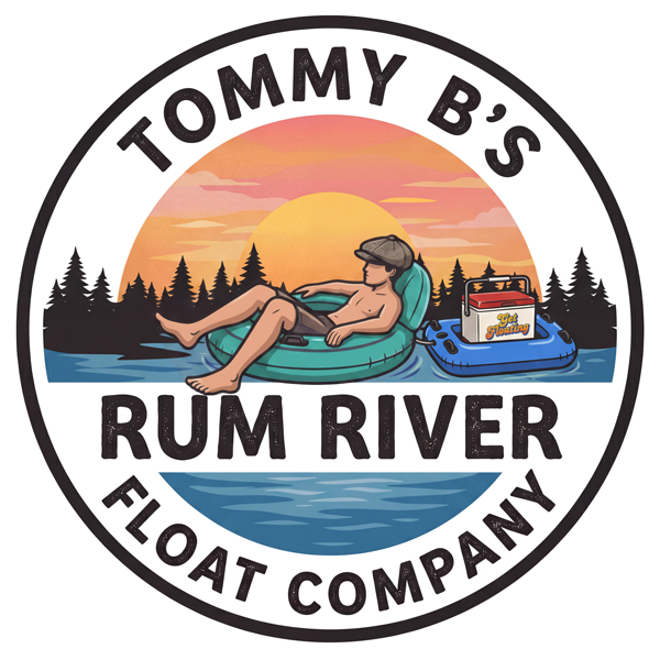 Logo featuring a person relaxing on a float in a river at sunset, with a cooler tube nearby, and the text "Tommy B's Rum River Float Company."