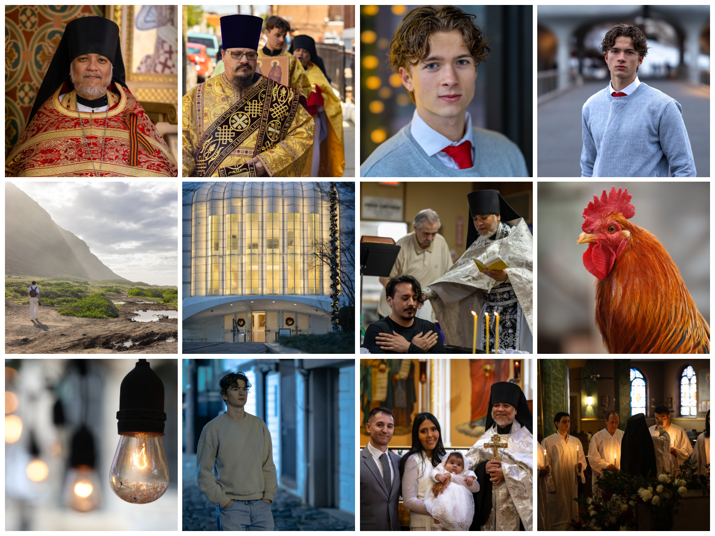 Collage of various scenes including religious figures in traditional attire, a young man in casual clothing, a landscape, a church building, a chicken, a lightbulb, a young man standing, a woman and family at a religious ceremony, and people inside a church.