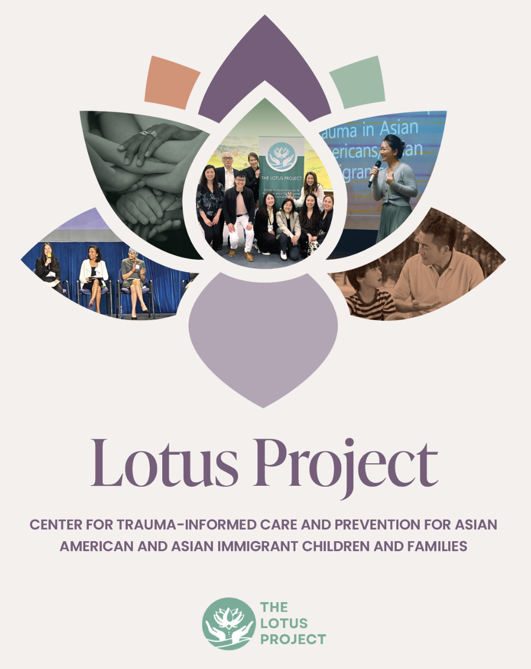 Cover page of a brochure for the Lotus Project, featuring a central group photo surrounded by images of people in meetings and presentations, with a logo of a lotus flower and leaves at the bottom.