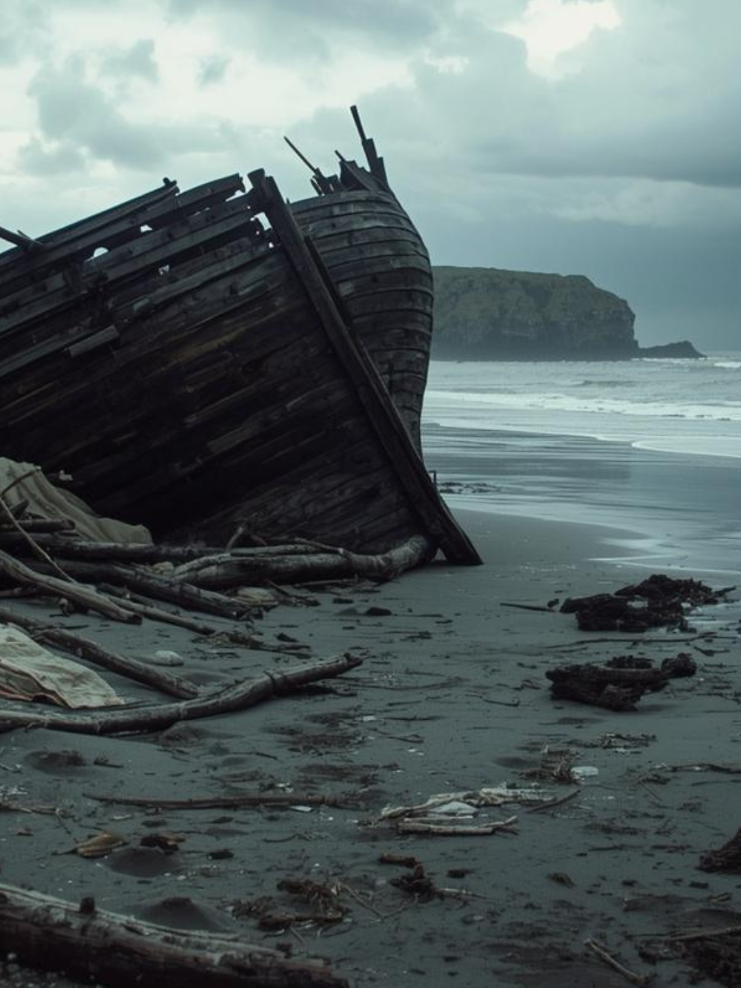Moody 18th century shipwreck on stormy shore that inspired the story Wrecked by Megan Marrow