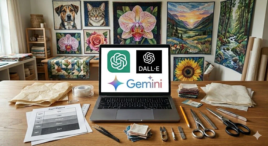 A desk with artwork, a laptop displaying logos of AI art tools, and art supplies in a room with colorful paintings of animals, flowers, and landscapes on the wall.