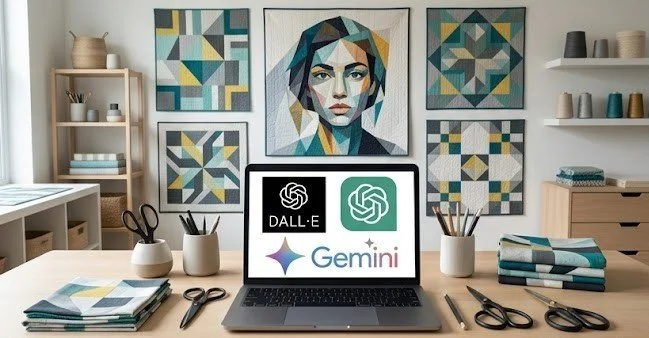 A workspace with geometric artwork on the wall, a laptop displaying DALL·E and Gemini logos, and various art supplies and fabric in a room with shelves and a wooden dresser.