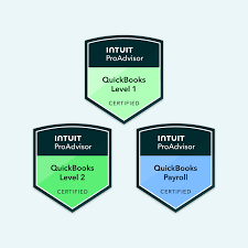 Three badges for QuickBooks ProAdvisor certifications for Level 1, Level 2, and Payroll, arranged in a triangle.