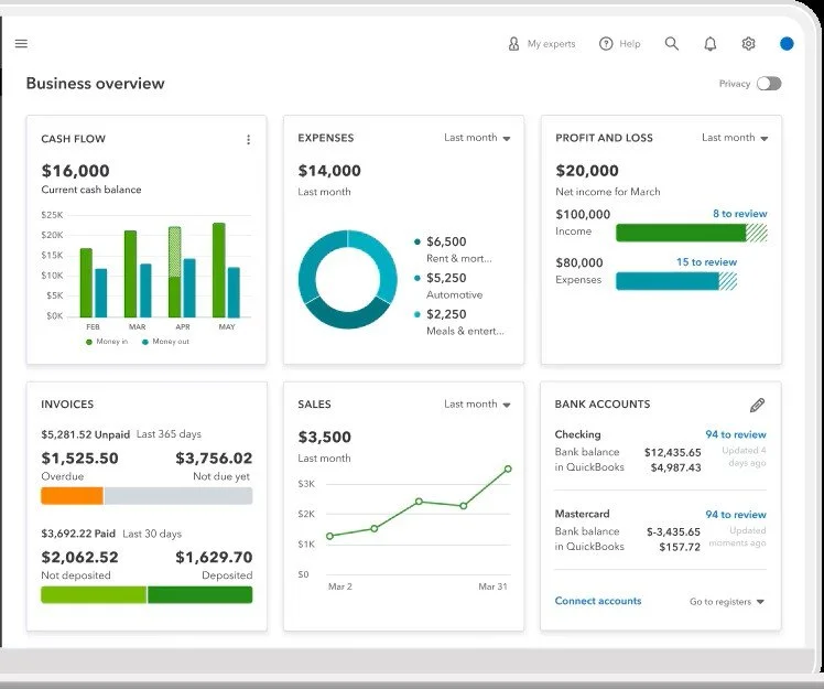 Business overview dashboard showing cash flow, expenses, profit and loss, invoices, sales, and bank accounts with graphs and figures.