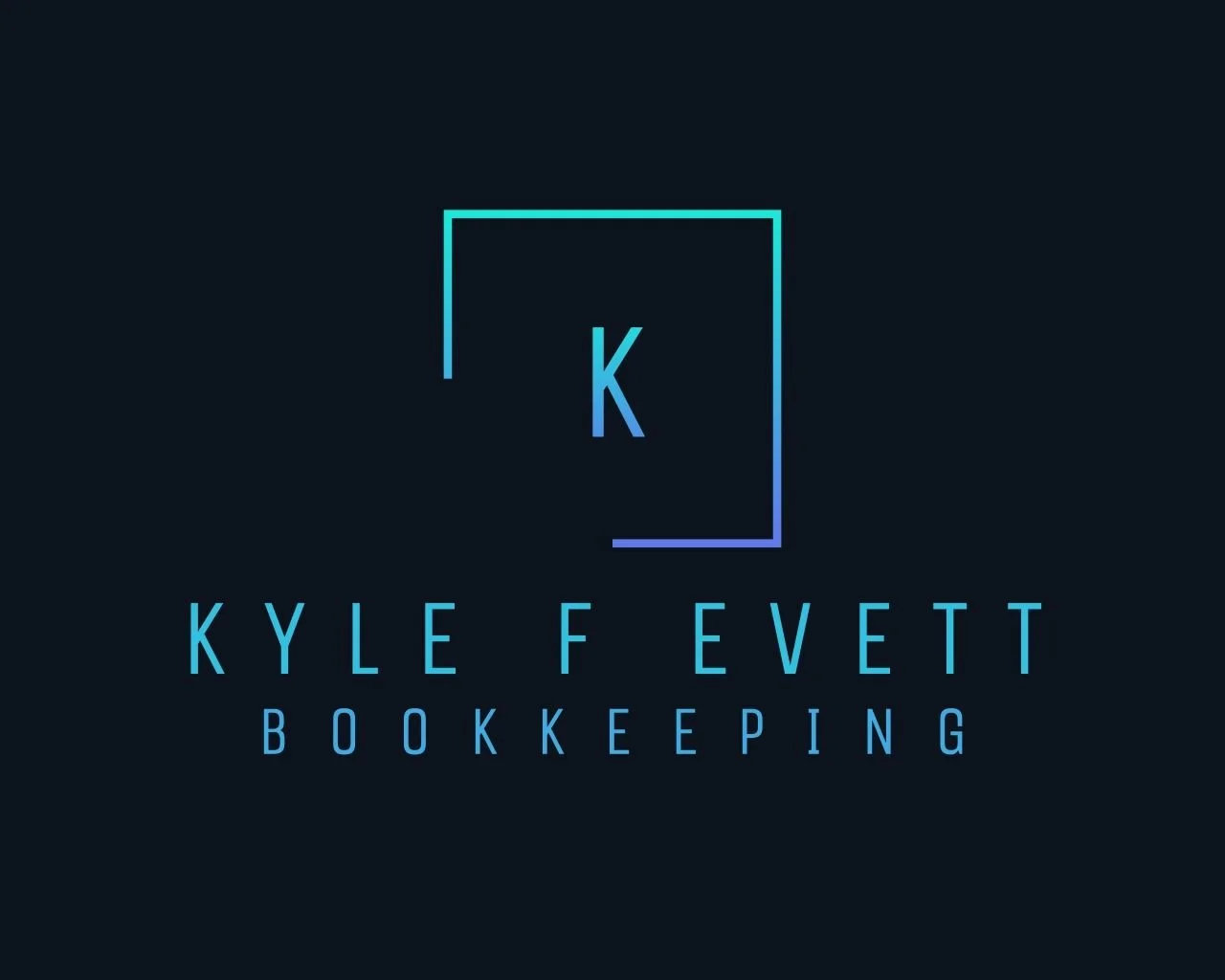 Modern logo with a dark background, featuring a stylized 'K' inside a square outline and the text 'Kyle F Evett Bookkeeping' below in blue gradient font.