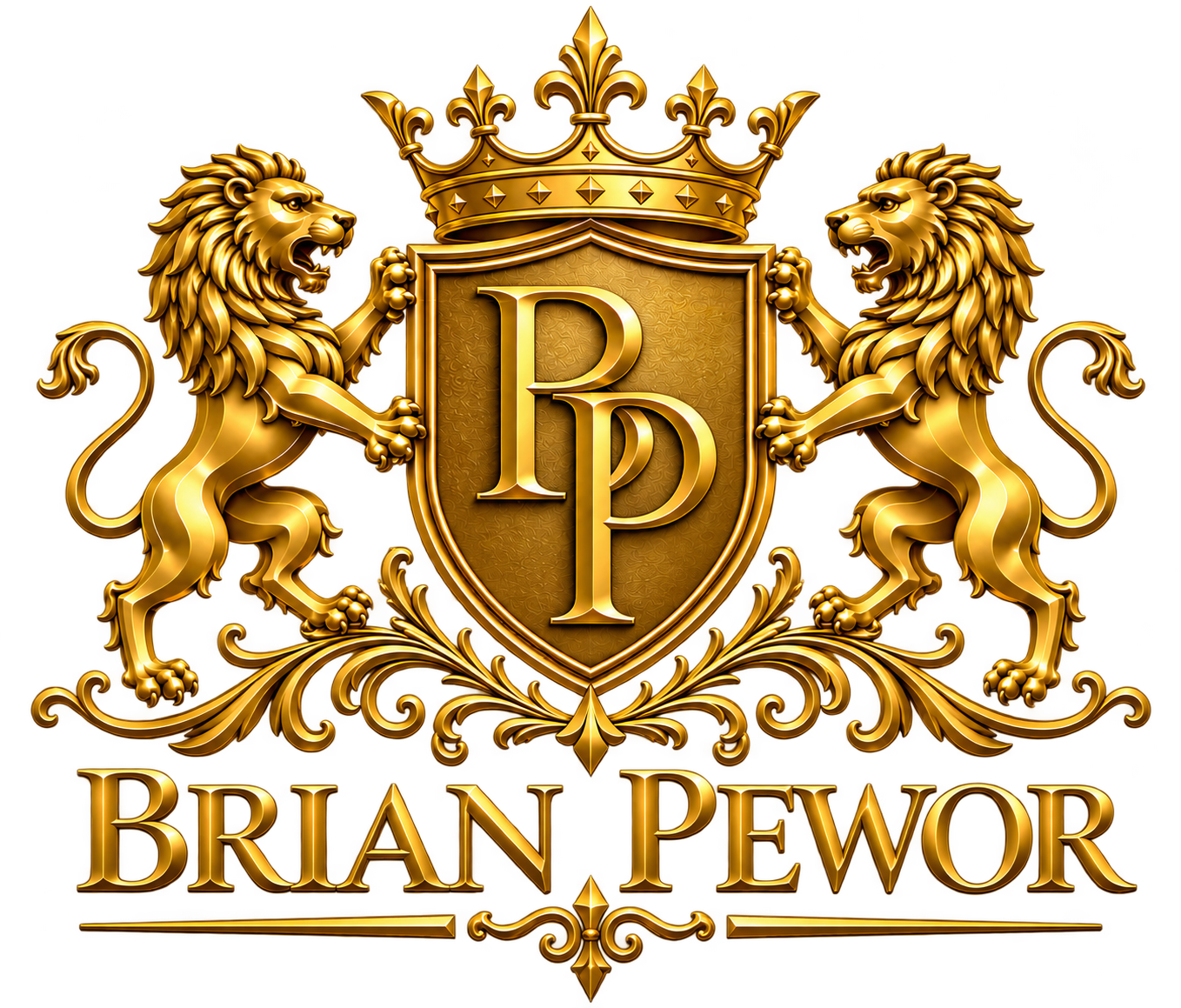 A gold crest featuring two lions holding a shield with the initials P P. A crown sits above the shield, and the name Brian Pewor is displayed in gold text below.