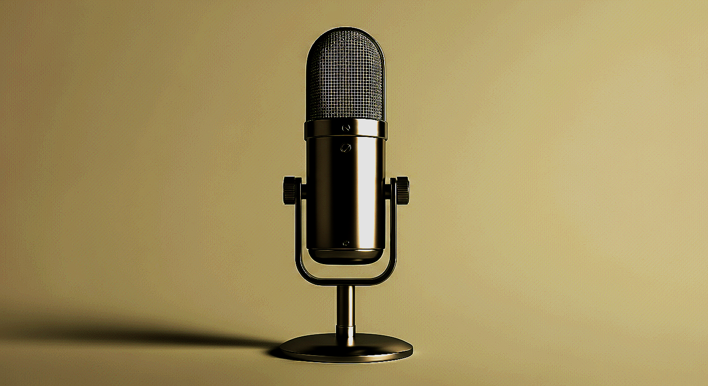 A vintage microphone on a stand against a beige background