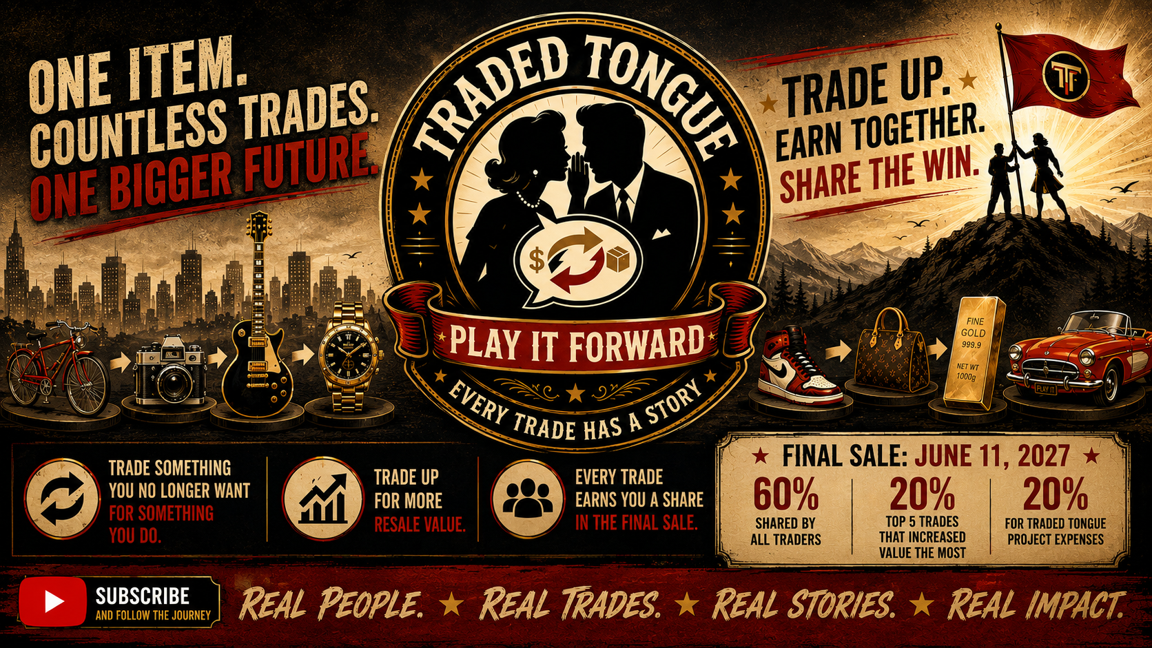 A promotional poster for a trading platform, featuring vintage and modern items like a bicycle, camera, guitar, watch, sneakers, handbag, gold bar, and classic car. The central emblem shows silhouettes of a man and woman whispering, with text about trade and stories. The poster includes a final sale date, percentage discounts, and phrases emphasizing real people, trades, stories, and impact.