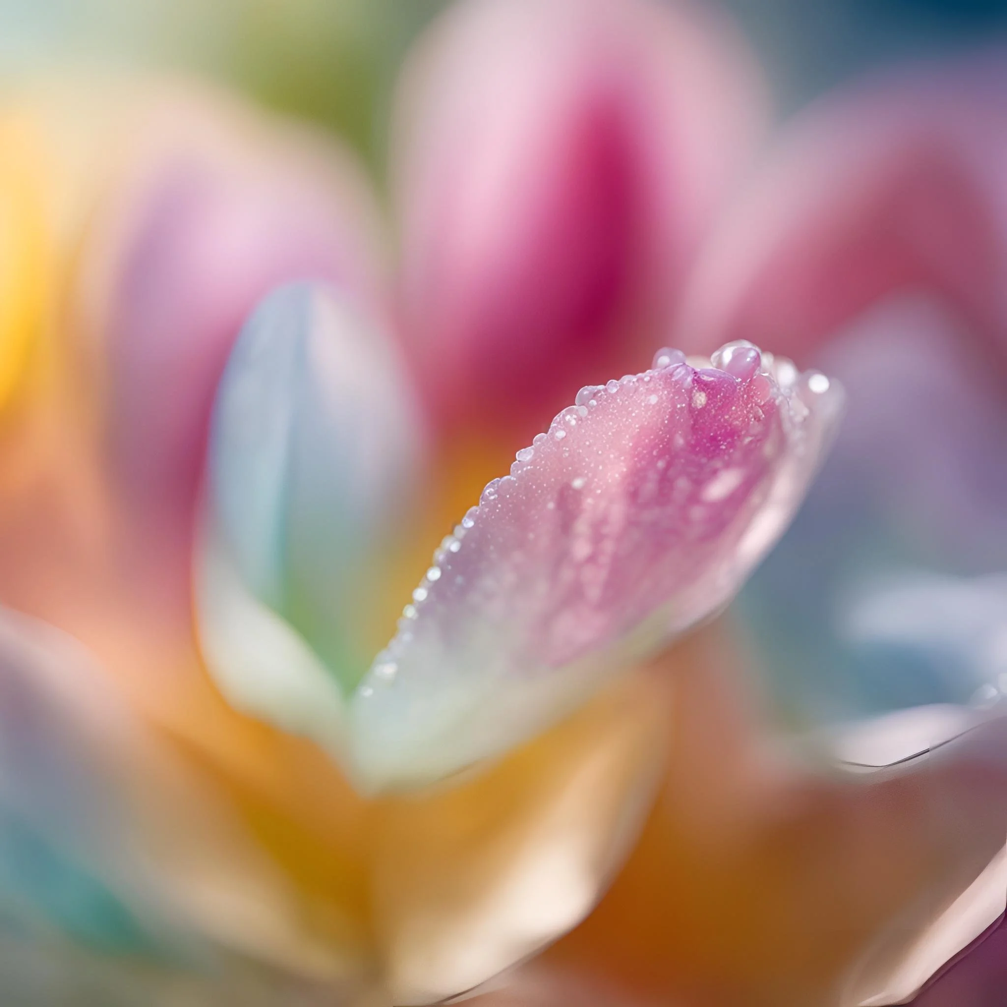 Close-up of pink ice cream with white sugar crystals on top, blurred colorful background.