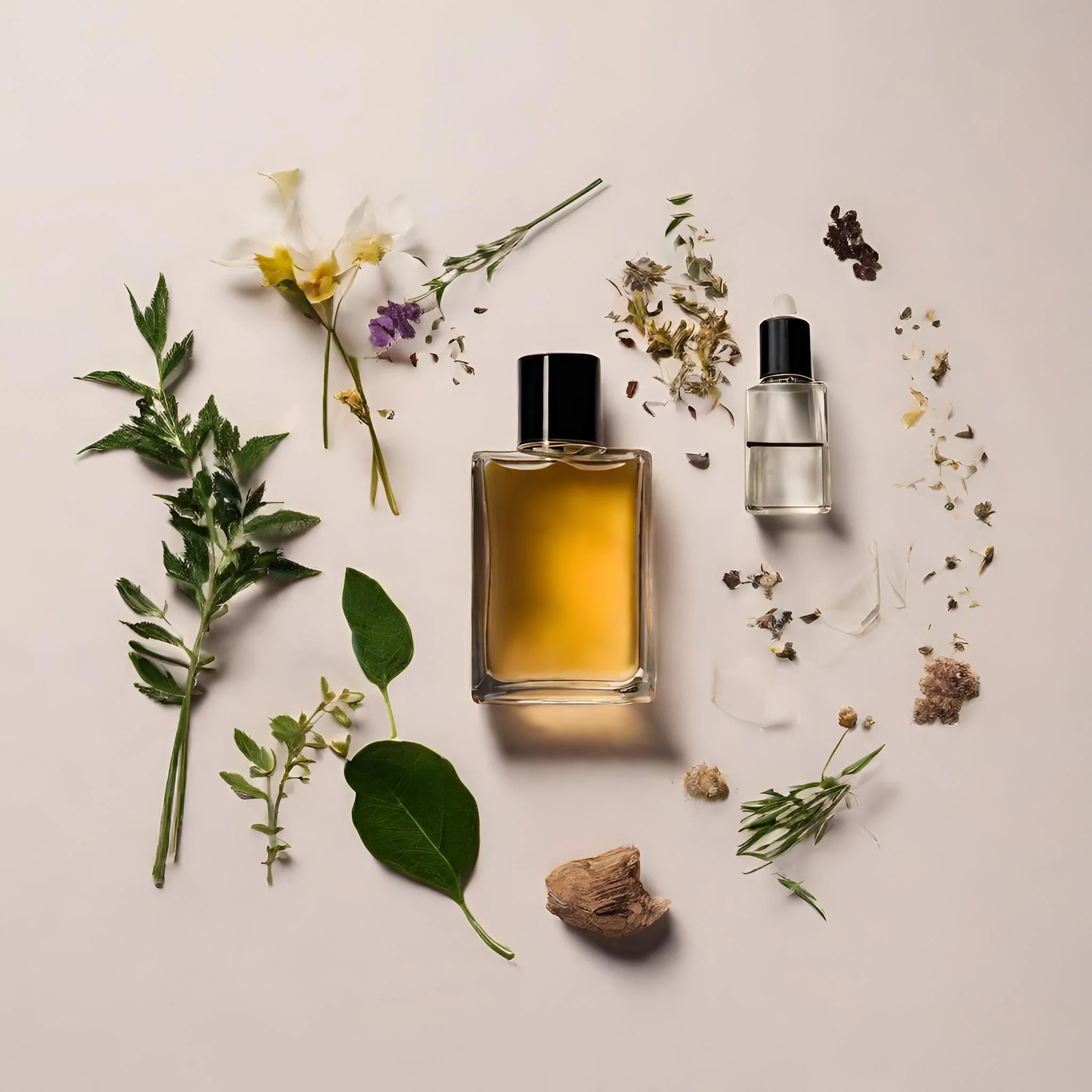 Various dried flowers, herbs, and plant parts next to perfume bottles on a white surface.