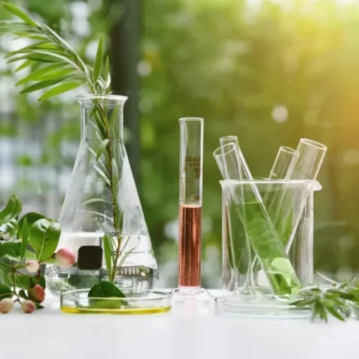 Laboratory glassware with green plant and leaves, set on a table with a blurred outdoor background.