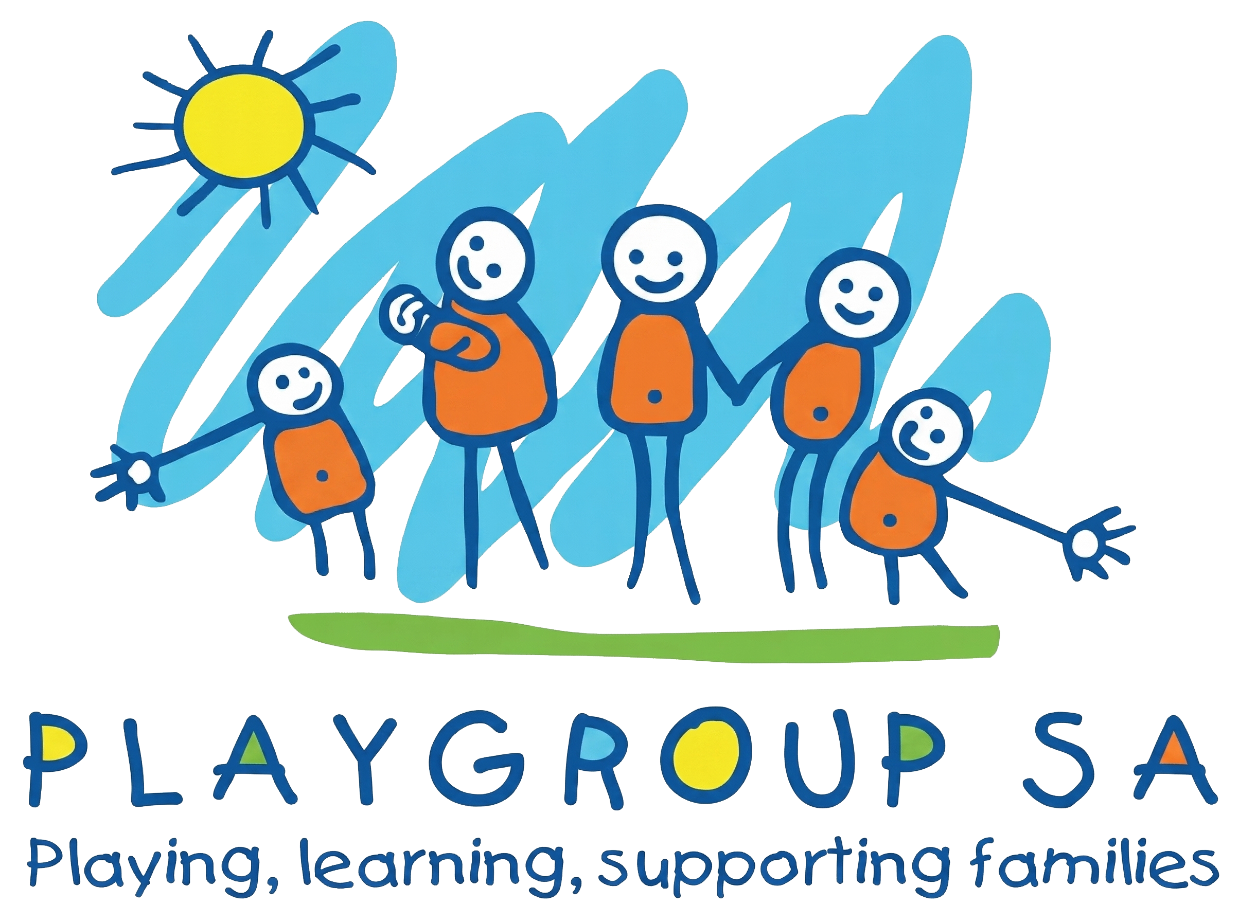 Colorful hand-drawn illustration of children holding hands under a bright sun, with the words 'PLAYGROUP' and a subtitle 'playing, learning, supporting families' below.