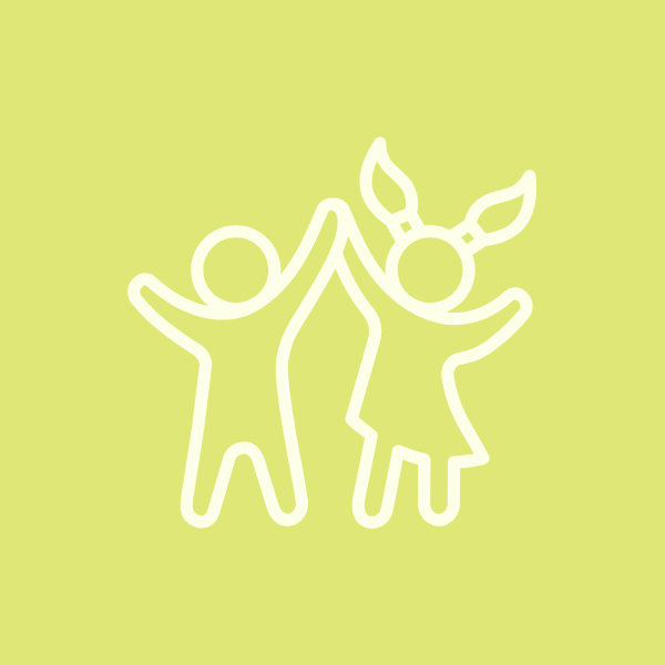 Line drawing of two children high-fiving over a light green background, one with a short haircut and the other with pigtails.