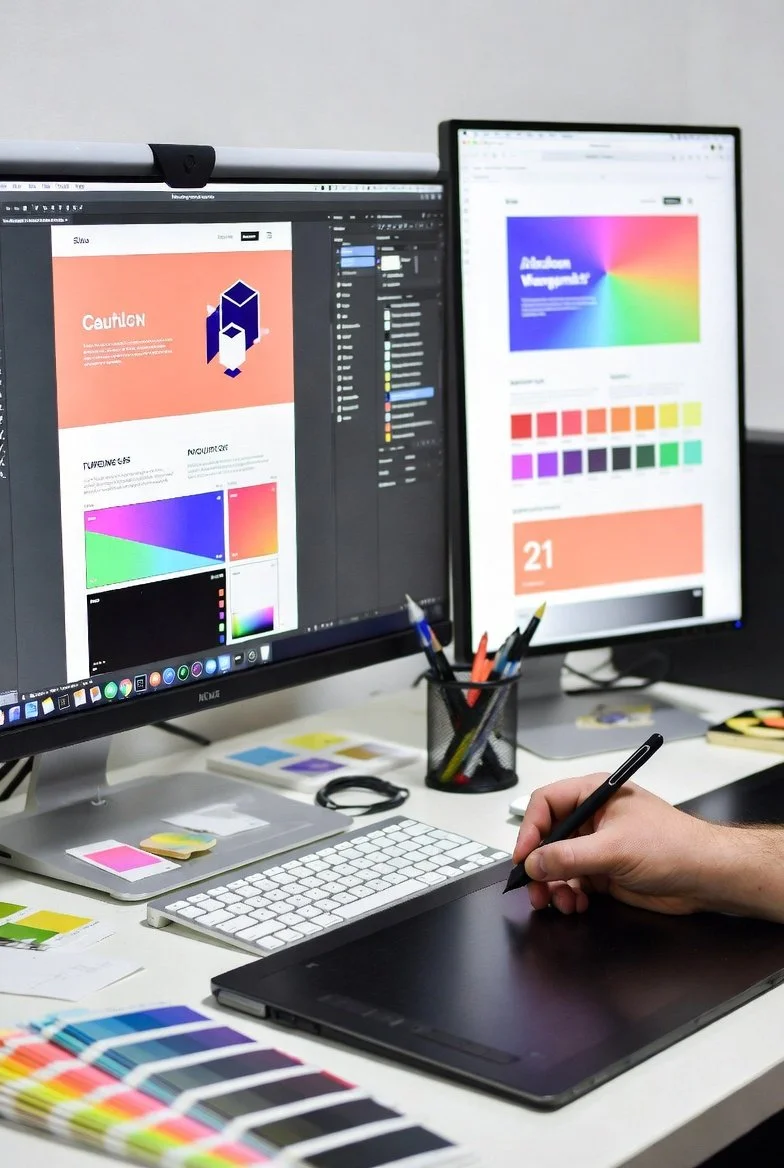 Desk setup with two monitors displaying design software, color palettes, a graphics tablet, and color samples, with a person using a stylus on the tablet.