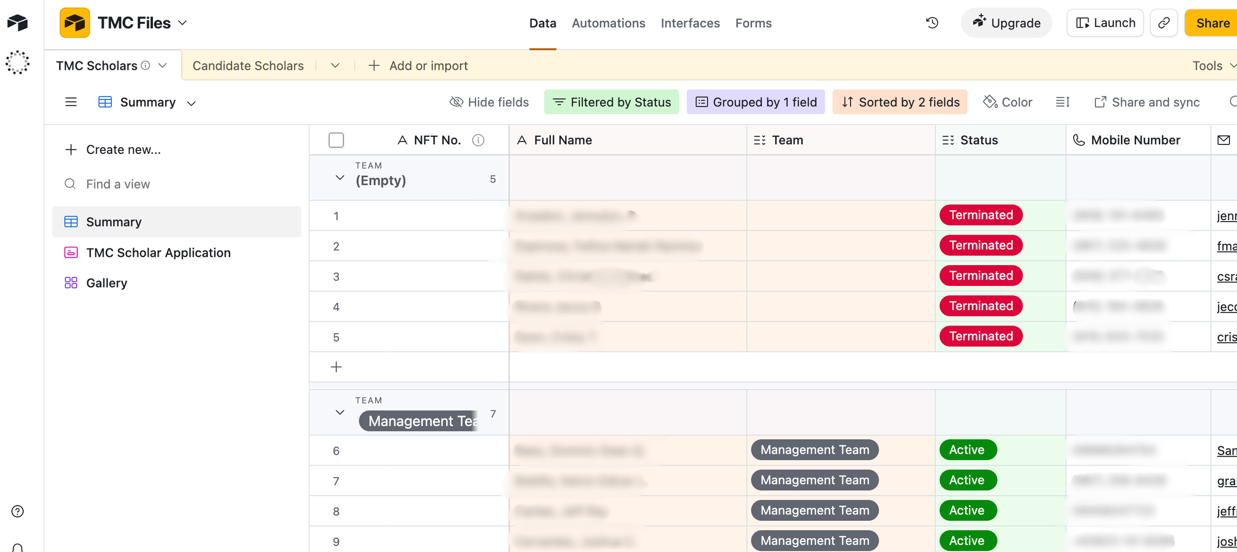 Screenshot of a TMC Files software interface showing a list of candidate scholars with their status, phone numbers, and email addresses. The statuses include 'Terminated' in red and 'Active' in green.