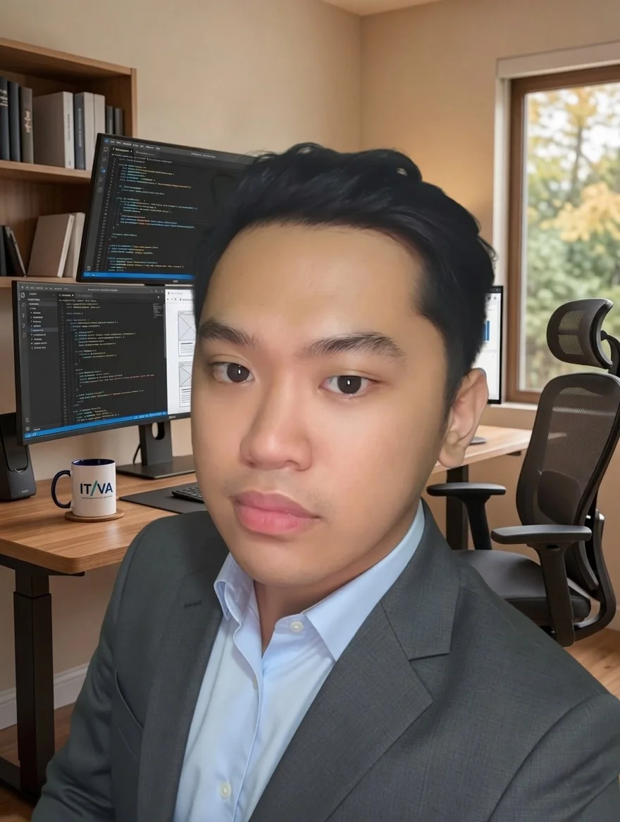 A man in a gray suit and white shirt taking a selfie in a home office with dual monitors displaying code, a mug labeled 'IT/VA', a desk, an ergonomic chair, and a window with trees outside.