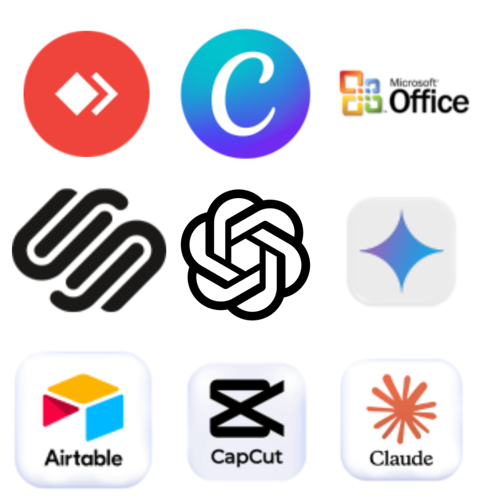 A collection of app icons including Microsoft Office, Canva, Airtable, CapCut, Claude, and other unidentified icons.
