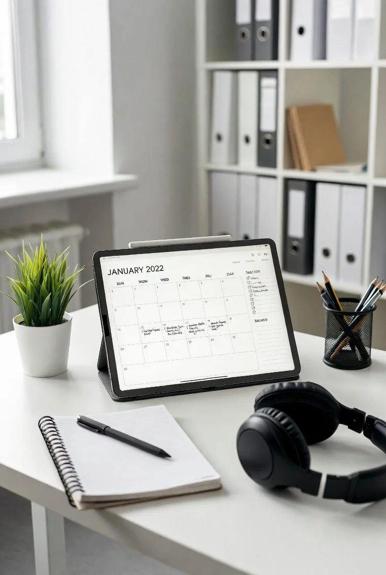 An organized desk with a digital calendar open to January 2022, a small potted plant, a notepad with a pen, a pair of black headphones, a pen holder with assorted pens, and a shelf with binders and folders in the background.