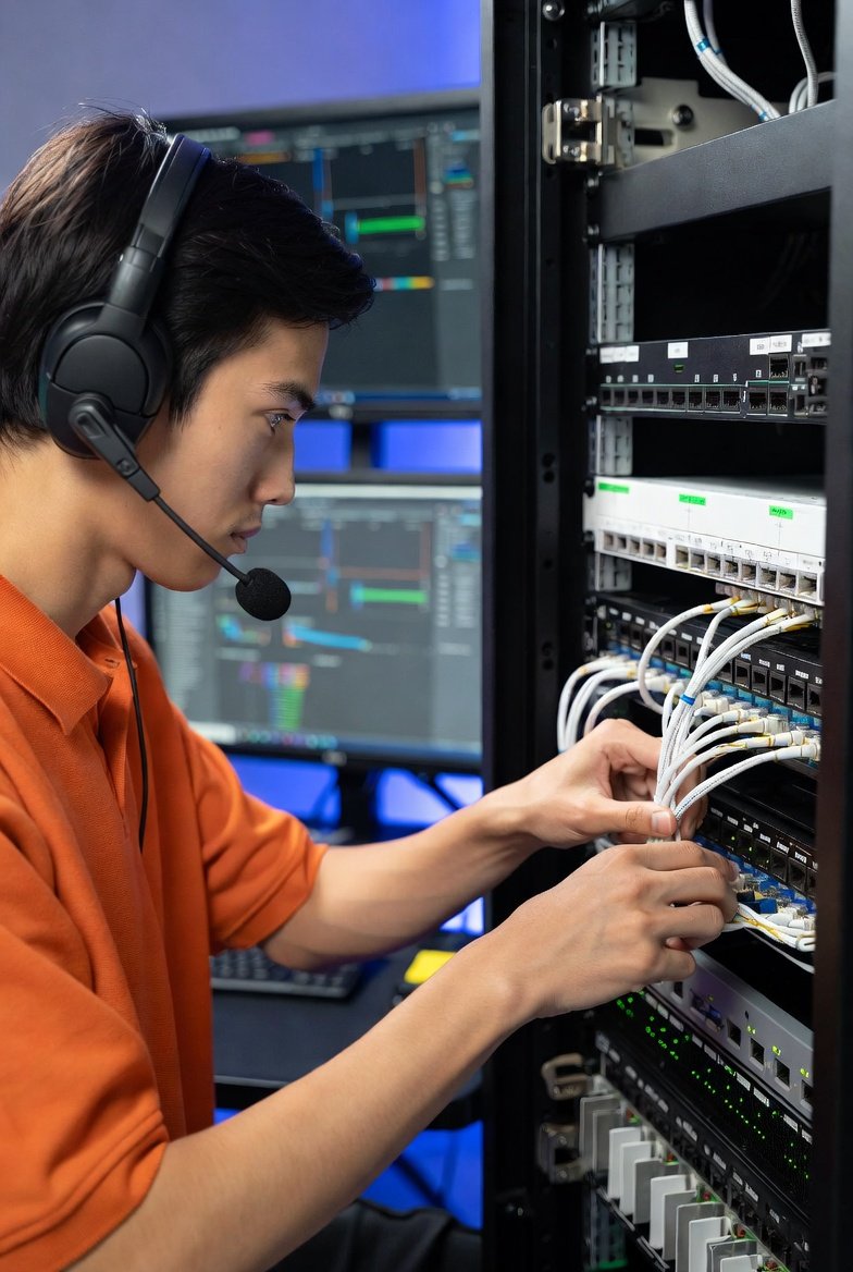 A technician with a headset working on a server rack with network cables in a data center.