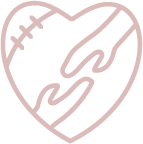 A heart-shape with stitches and two hands reaching for each other.