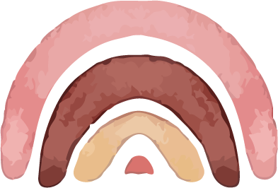 A stylized depiction of a rainbow with layers of pink, brown.