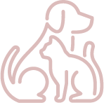 Line drawing of a dog sitting and a cat sitting beside it, both outlined in light pink.