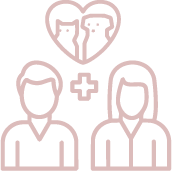 Icons of a male and female with a medical cross symbol and a heart with a cat and dog inside.