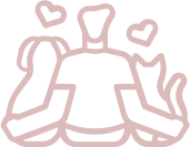 Line drawing of a person with hearts above  and a dog and cat on either side.