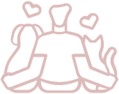 Line drawing of a person with hearts above and a dog and cat on either side.
