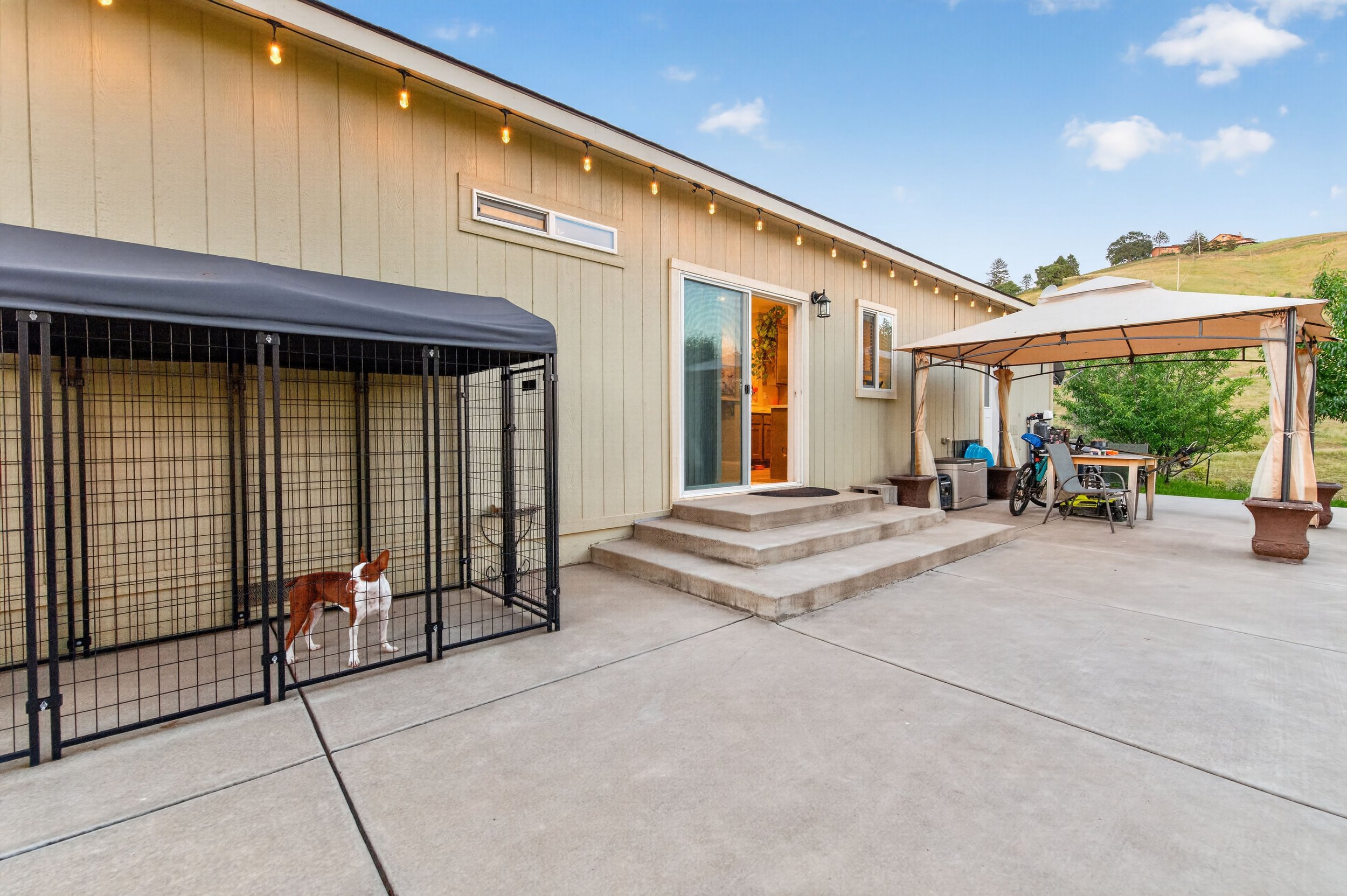 A backyard patio scene during daytime with a dog inside a black wire cage, a beige house with sliding glass door, a small window, outdoor furniture including a table and chairs under a large umbrella, string lights overhead, and a hillside with house