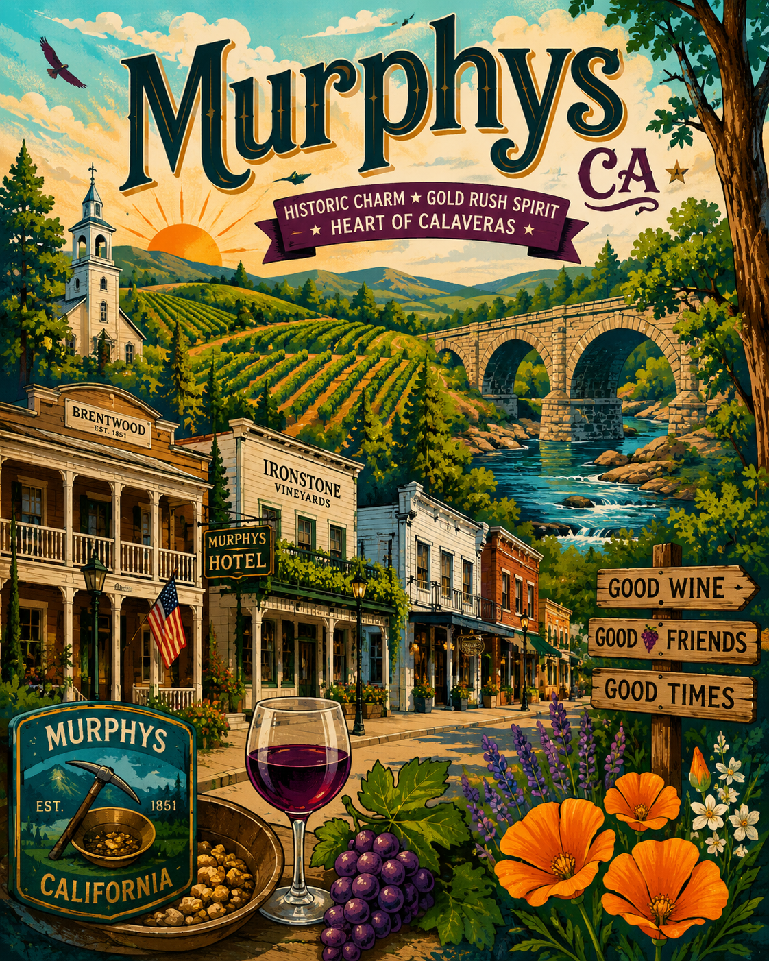Historic downtown Murphys California featuring wine country vineyards, Gold Rush charm, and Sierra Foothill scenery