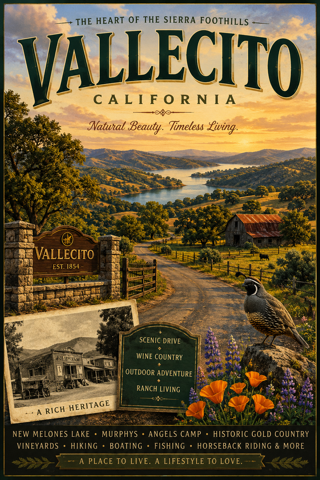 Vintage-style travel poster illustration of Vallecito, California, featuring Sierra Foothills ranchland, rolling hills, vineyards, and Gold Country scenery.