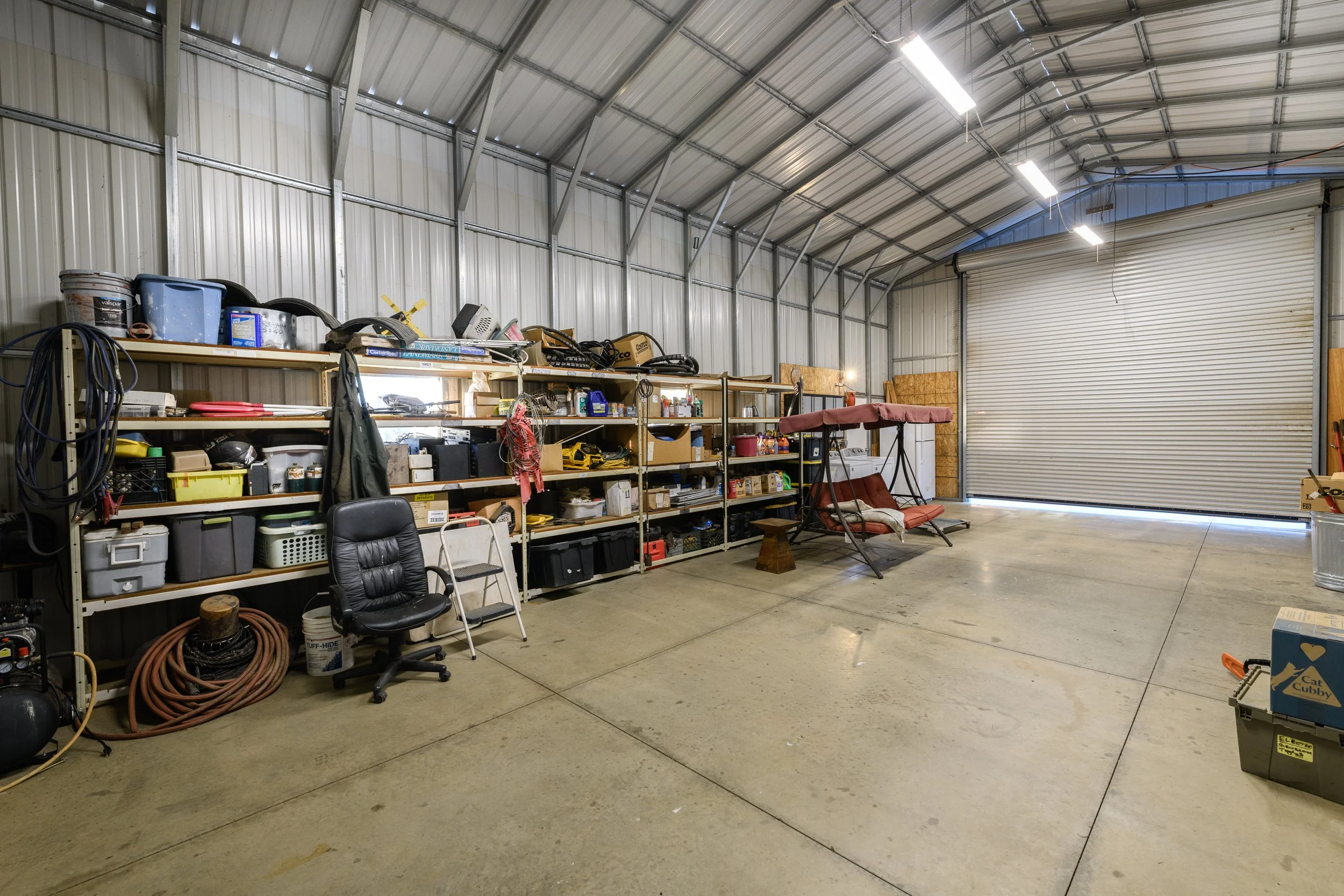 Interior of steel ranch shop building at Airola Ranch in Vallecito California