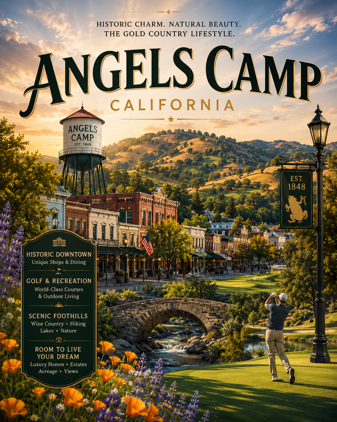 Historic downtown Angels Camp California featuring Gold Country charm, golf lifestyle, and Sierra Foothill scenery
