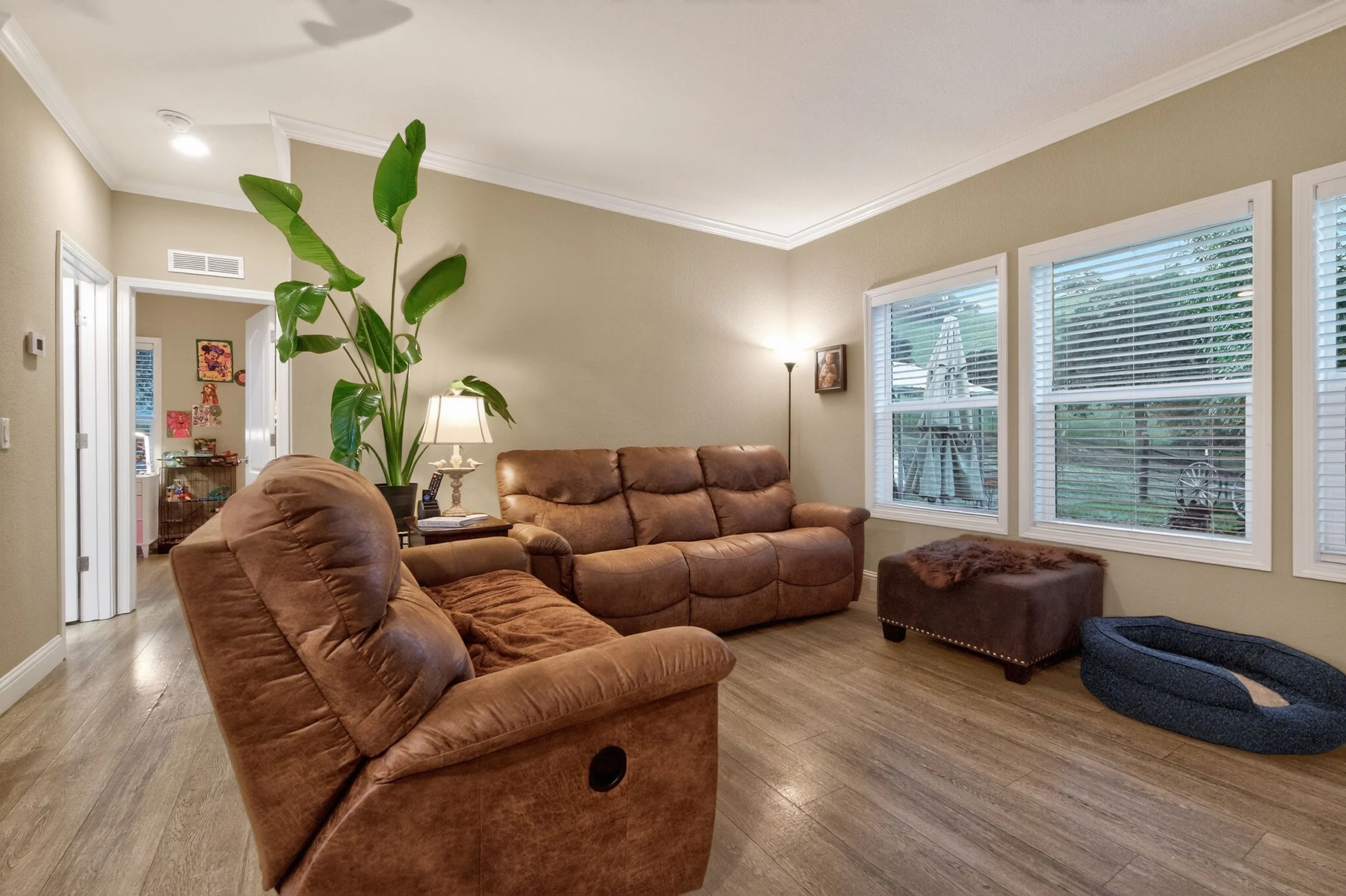 A living room with beige walls and white crown molding, featuring a brown leather sofa and matching armchair, a tall green plant, a small side table with a lamp, and large windows with white blinds showing an outdoor patio with an umbrella and greene