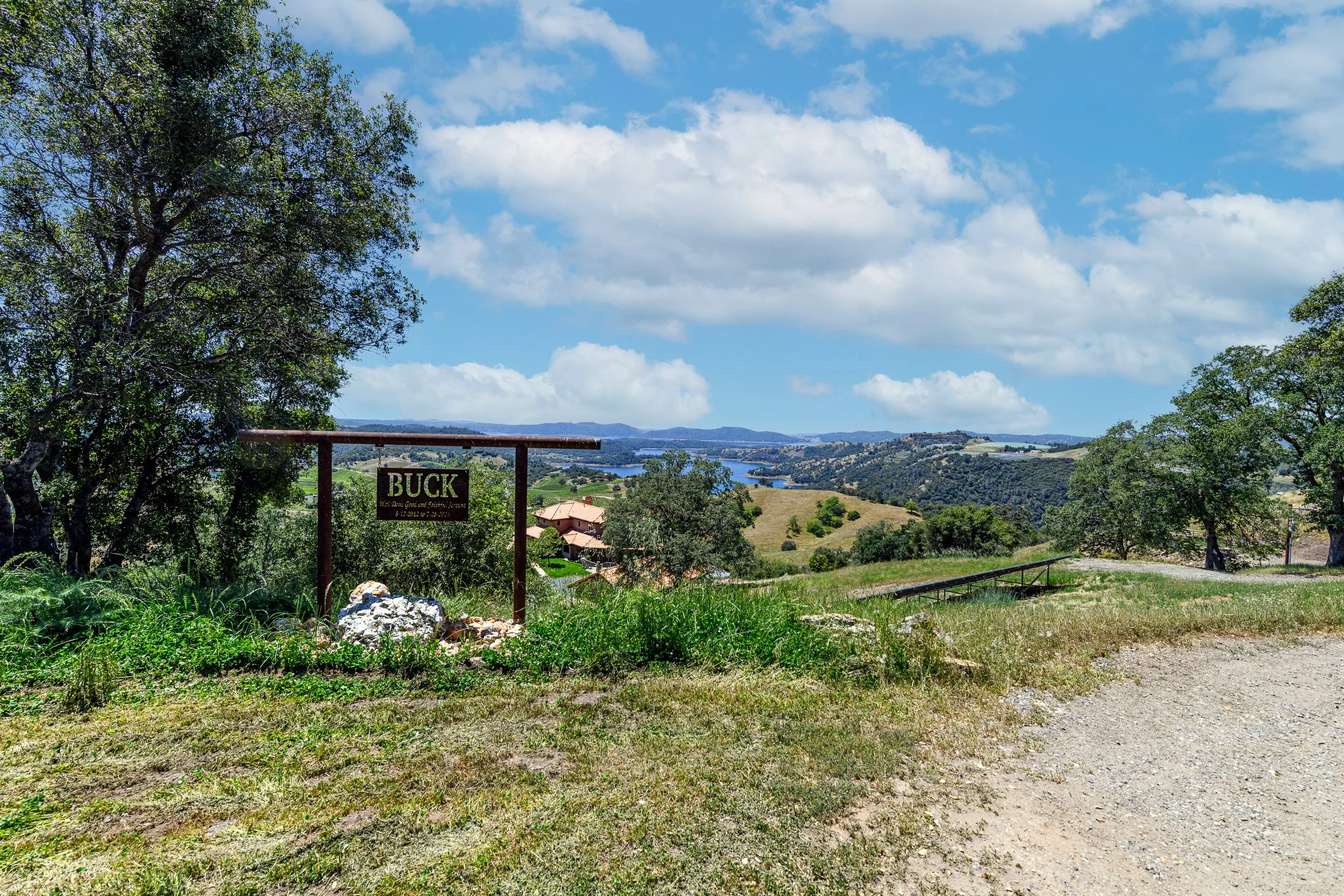 Scenic view of rolling hills, trees, and a body of water under a partly cloudy sky, with a sign that reads "Buck" in the foreground.