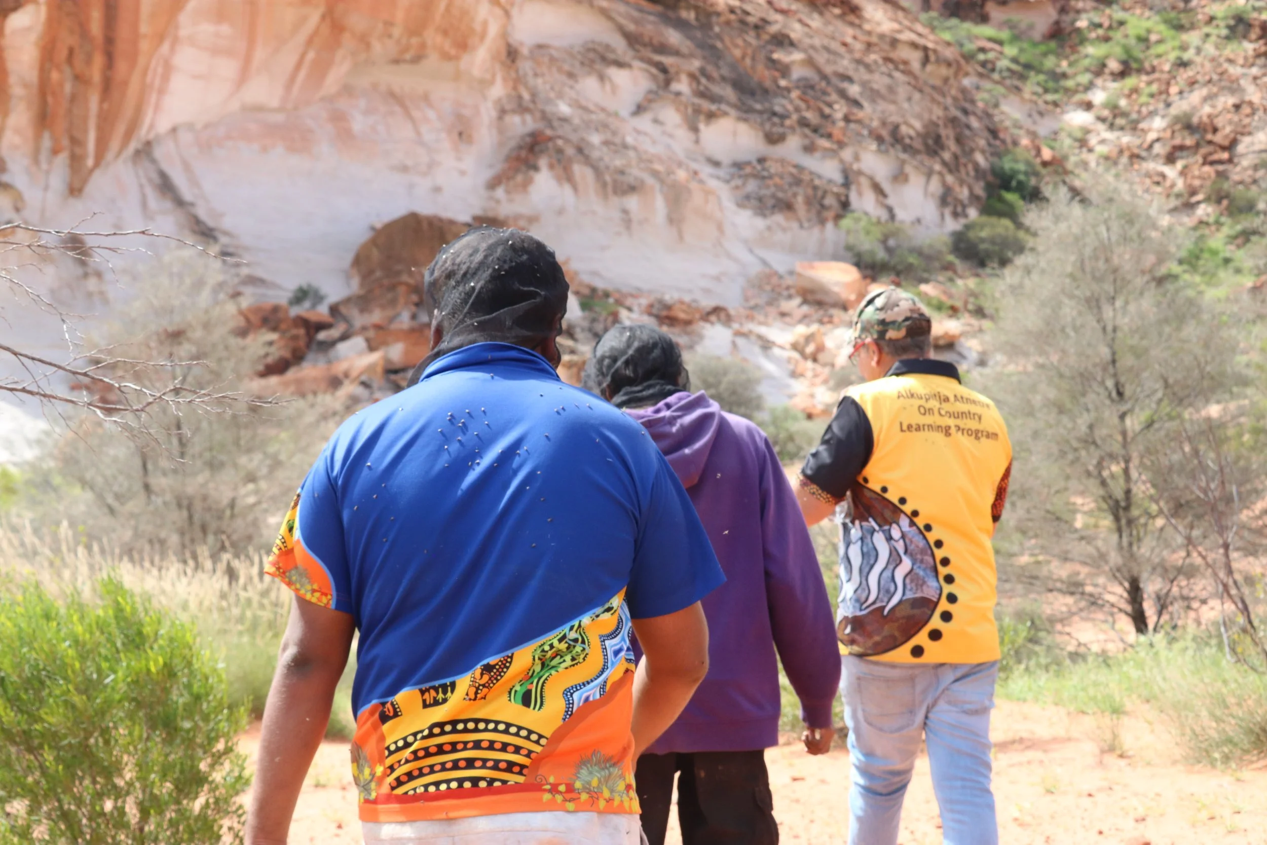 A group of people walking outdoors in front of a large rocky cliff, with some trees and vegetation around.