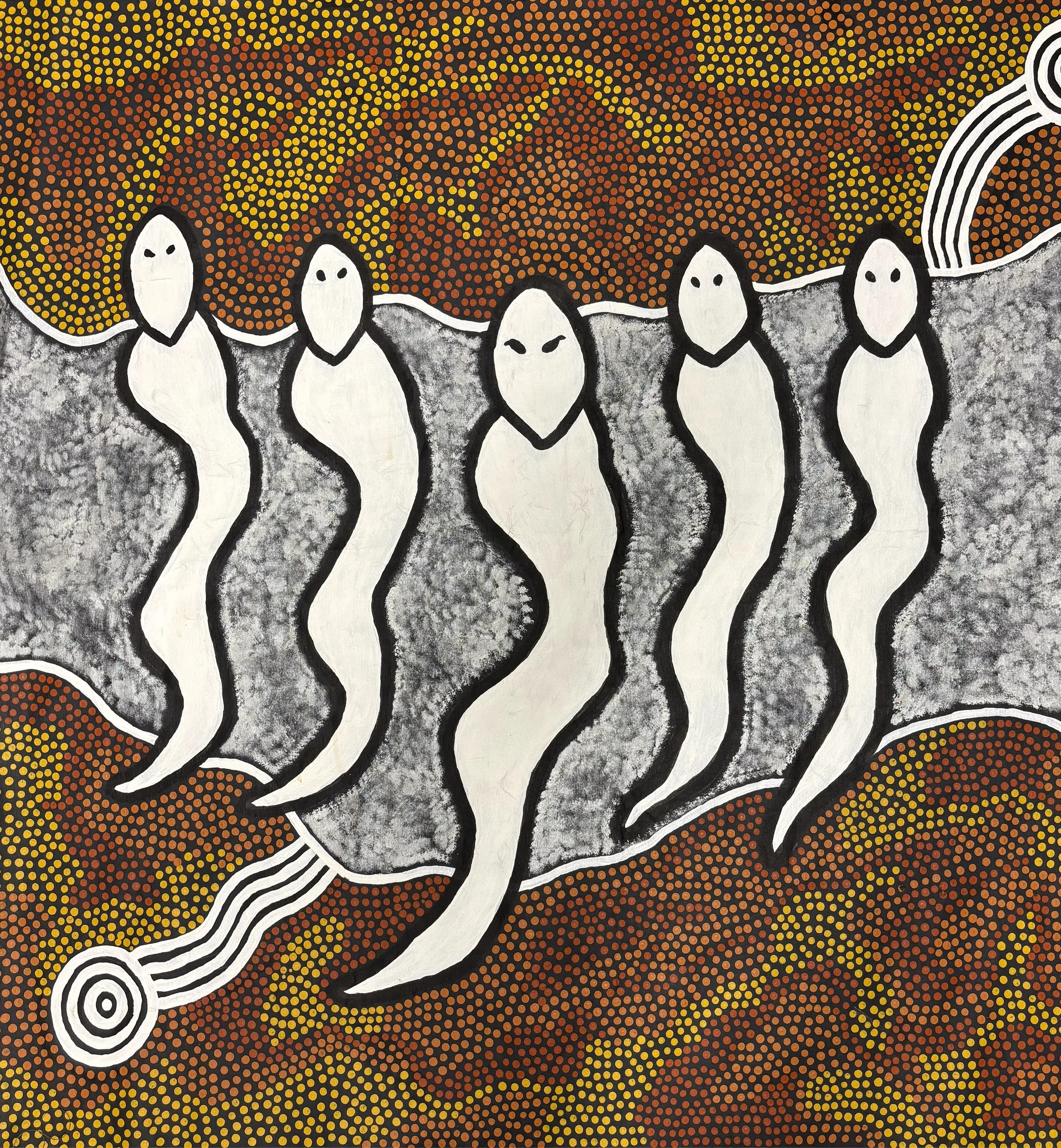 Indigenous Aboriginal Australian art painting featuring white boomerangs and a circular design against a dotted brown, yellow, and orange background.