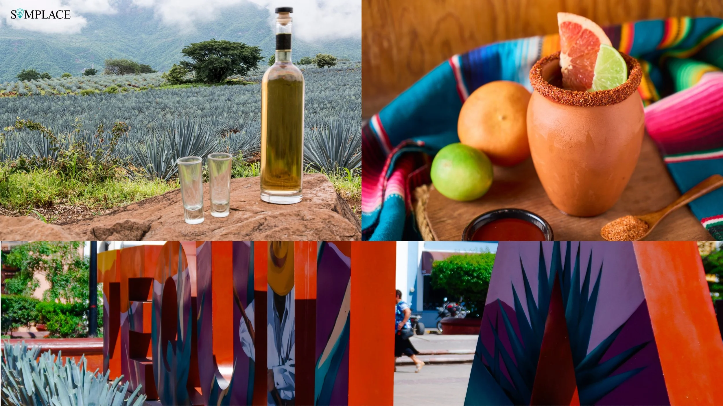 Una botella de tequila y dos vasos en un campo de agave, y una bebida tradicional en una vasija de barro decorada con frutas cítricas, en un entorno colorido y urbano.