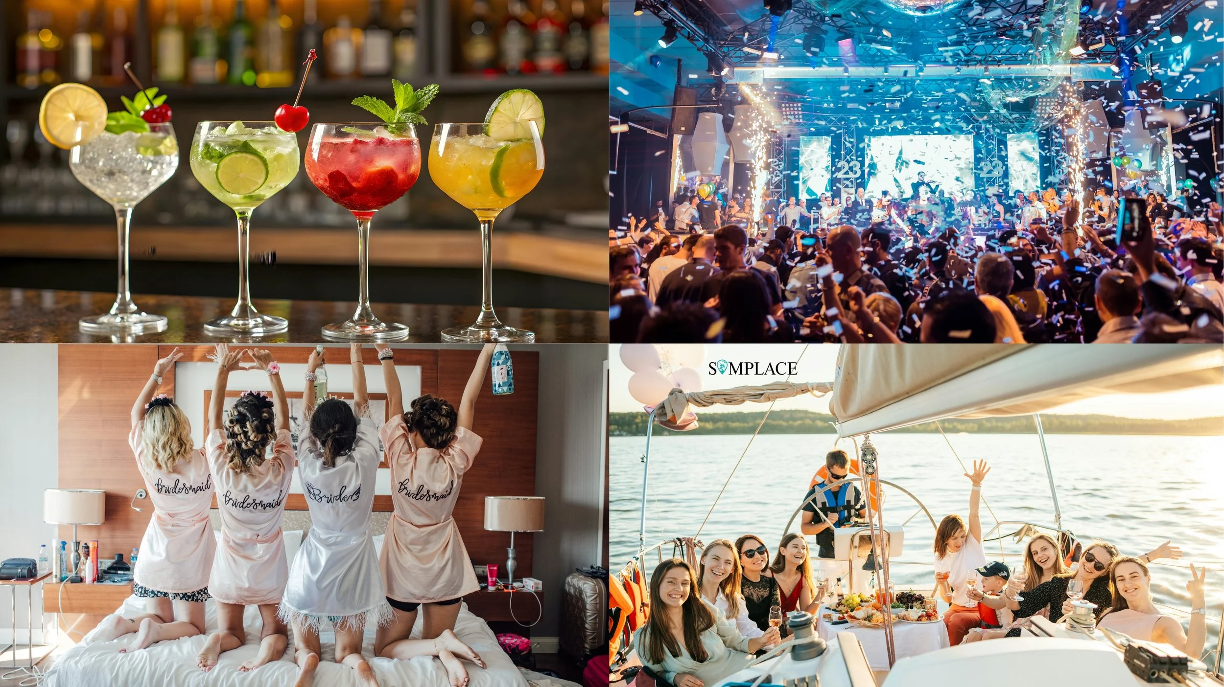 Una colección de cuatro fotos que representan diferentes eventos sociales y actividades: primeros, cócteles con frutas y hielo en un bar; segunda, una multitud en un concierto o festival con luces y confeti; tercera, un grupo de amigas en bata de novia posando en una habitación de hotel; y cuarta, personas disfrutando en un paseo en barco y en una comida al aire libre en una lancha en un lago.