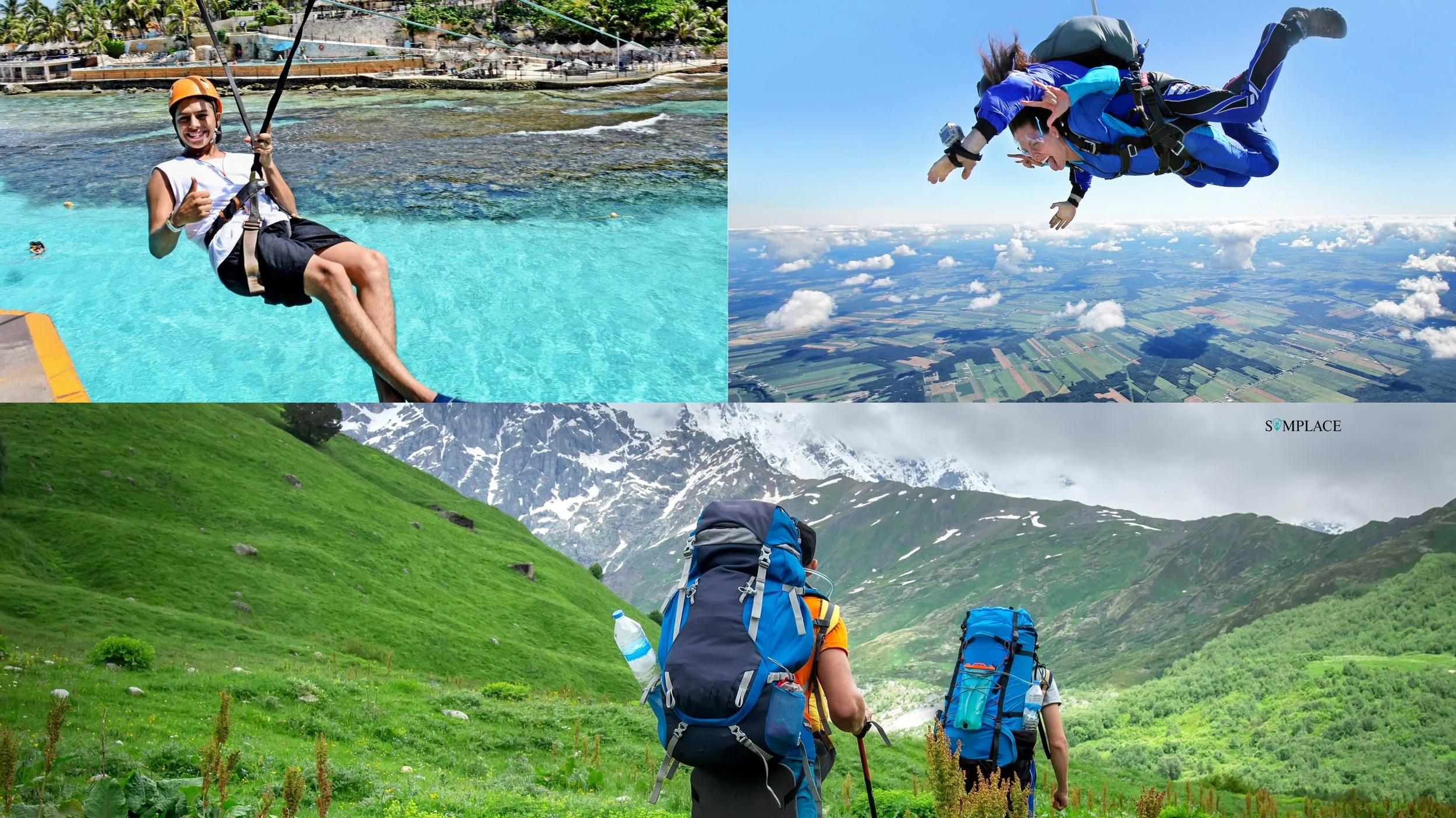 Tres personas en actividades diferentes: una haciendo tirolesa sobre el agua, otra haciendo paracaidismo en el cielo, y una más haciendo senderismo en montañas verdes.