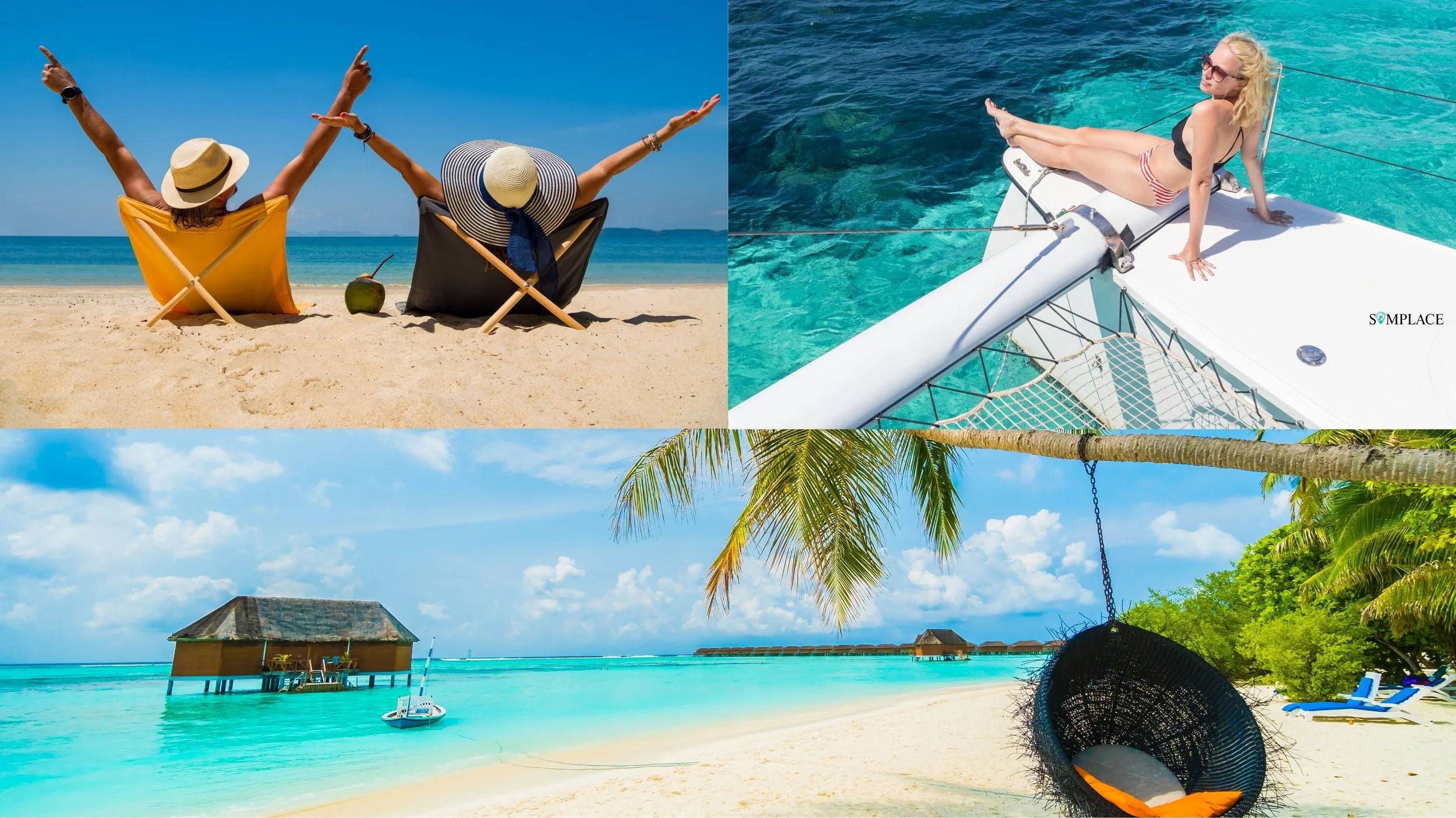 Imágenes de un destino de playa con actividades relajantes y recreativas en el agua. La primera imagen muestra dos personas sentadas en la playa bajo sombreros, disfrutando del mar y el sol. La segunda imagen presenta una mujer en un yate, recostada en la cubierta con el mar y el paisaje marino de fondo. La tercera imagen captura una vista desde la playa con un cielo claro, árboles de palma y casas en el agua en un entorno tropical paradisiaco.