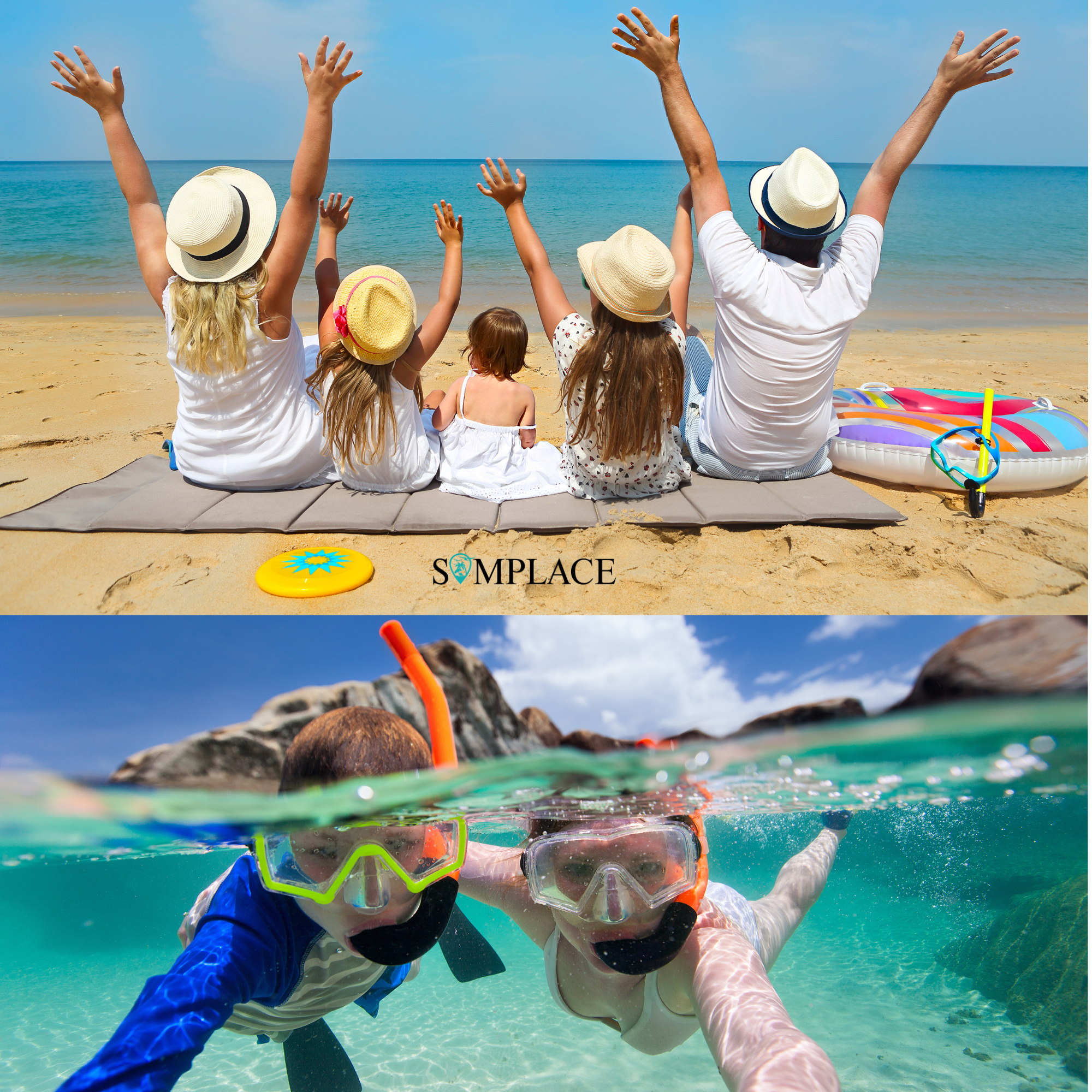 Niños y adultos en la playa haciendo snorkel y buceo, con gafas, snorkels y sombreros, en un día soleado junto al mar.