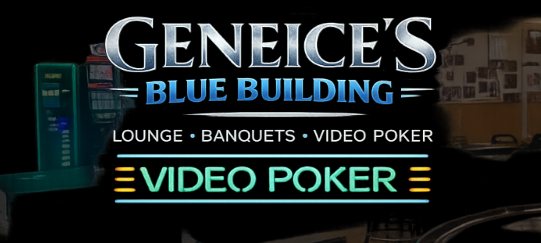 Geneice’s Blue Building logo featuring lounge, banquets, and video poker entertainment